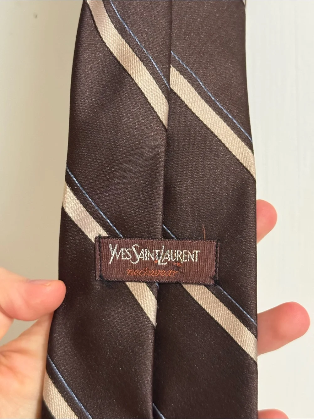 Yves Saint Laurent Brown Tie with Beige Stripes and Light Blue Logo